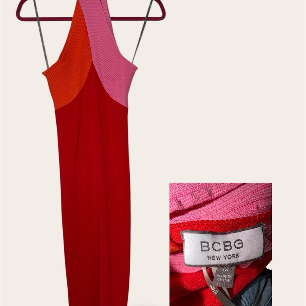 BCBG One Shoulder Red and Pink Dress - Le Superbe Color Block Dress
